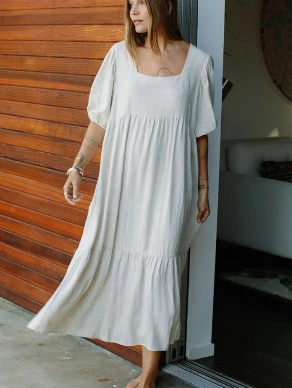Rachel Pally Mae Linen Natural Square Neck Dress Sz XL